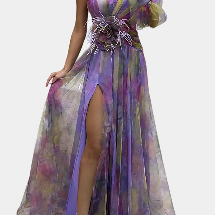 Teodora Asimetrična Maxi Haljina s Jednim Rame i Umjetničkim Uzorkom