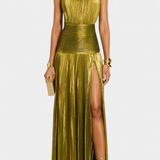 Hana Halter Metalik Haljina s Otvorenim Leđima i Visokim Razrezom