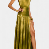Bojana Halter Metalik Haljina s Otvorenim Leđima i Visokim Razrezom