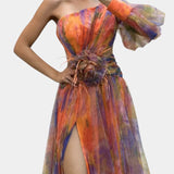 Teodora Asimetrična Maxi Haljina s Jednim Rame i Umjetničkim Uzorkom