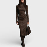 Ilaria – Midi Haljina Od Brušene Kože S Visokim Ovratnikom I Dugim Rukavima