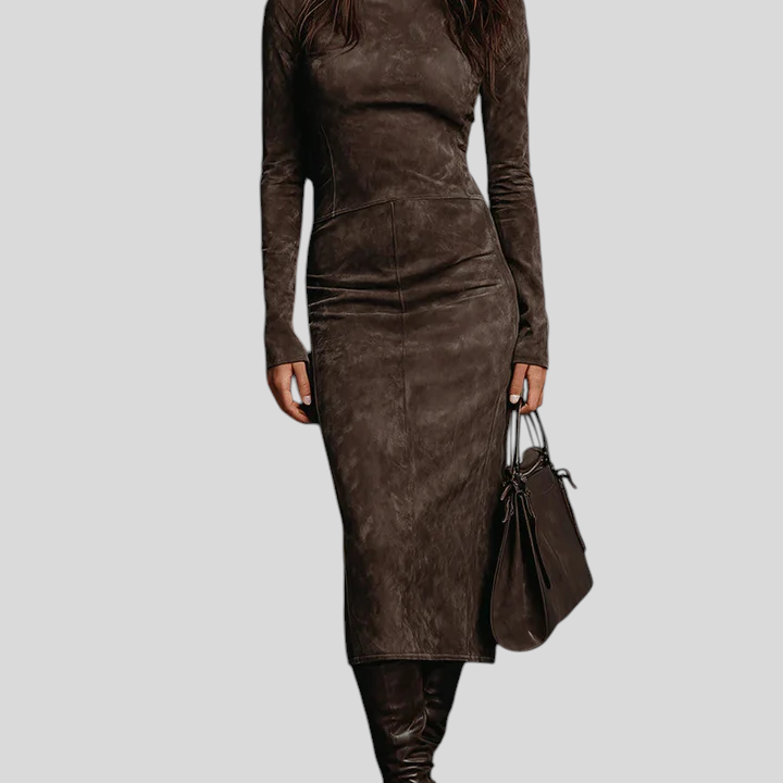 Ilaria – Midi Haljina Od Brušene Kože S Visokim Ovratnikom I Dugim Rukavima