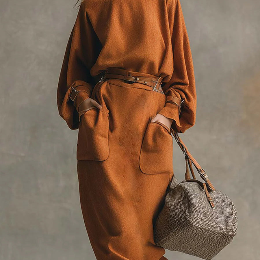 Narančasti top s okruglim izrezom i maxi suknja s džepovima od umjetne kože