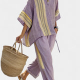 Set od lanenog bambusa s očaravajućom lavandom i detaljima u žutoj pruzi