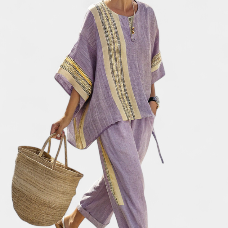 Set od lanenog bambusa s očaravajućom lavandom i detaljima u žutoj pruzi