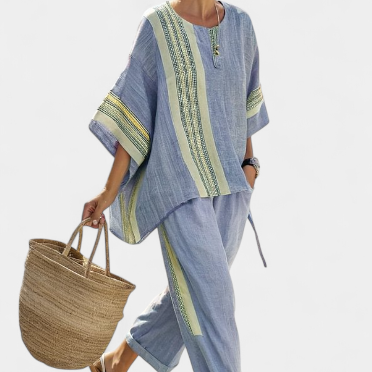 Set od lanenog bambusa s očaravajućom lavandom i detaljima u žutoj pruzi