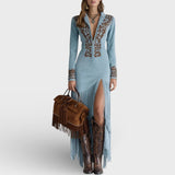 Brigita - Izvezena Maxi Haljina Od Umjetne Brušene Kože S Polovičnim Patentom