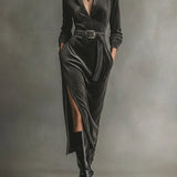 Elegantne sametne haljine s vezanjem oko vrata i bočnim prorezima