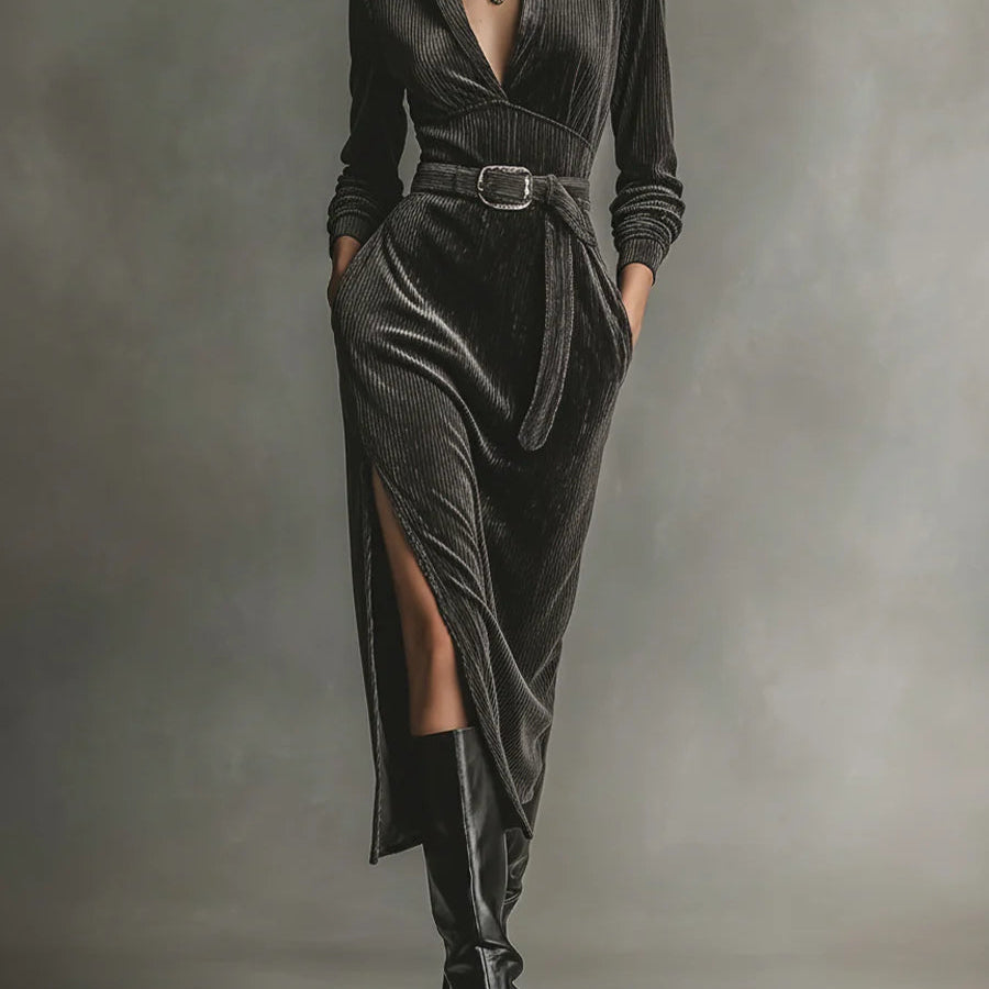 Elegantne sametne haljine s vezanjem oko vrata i bočnim prorezima