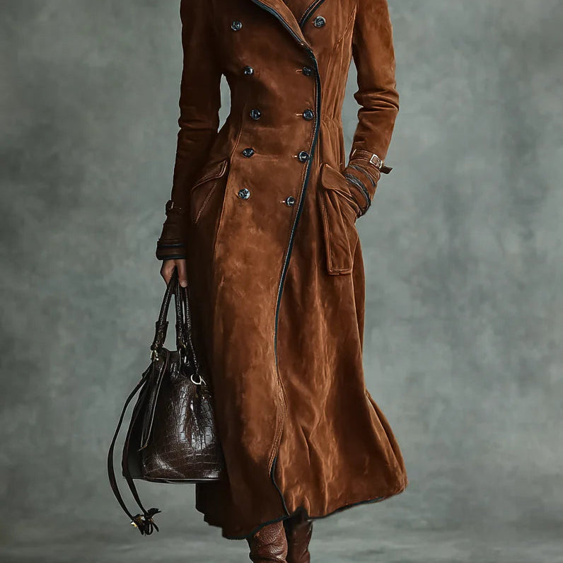 Dugi kaput s dvostrukim kopčanjem i reverima, od meke antilop kože s crnim detaljima