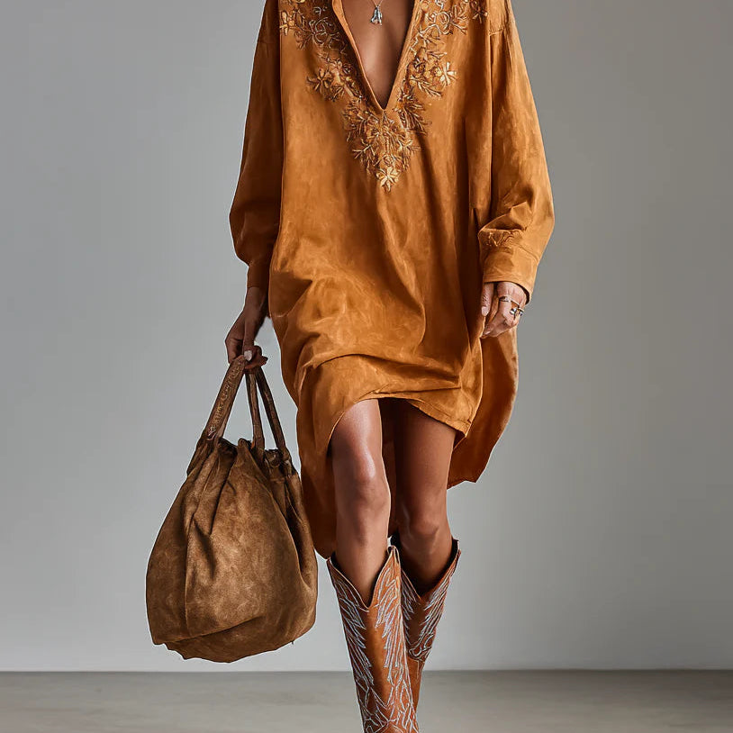 Slobodne midi haljine s printom i V-izrezom