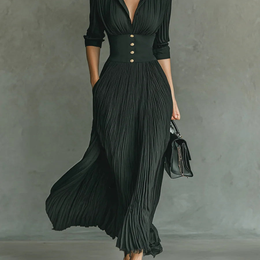 Elegantne plisirane maxi haljine s ovratnikom i pojasom