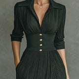 Elegantne plisirane maxi haljine s ovratnikom i pojasom