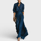 Elegantni tamno plavi pamučni i laneni set s dugom suknjom