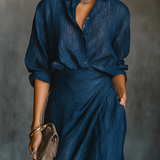 Elegantni tamno plavi pamučni i laneni set s dugom suknjom