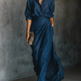 Elegantni tamno plavi pamučni i laneni set s dugom suknjom