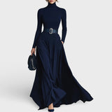 Tamno plave pletene haljine s visokim ovratnikom