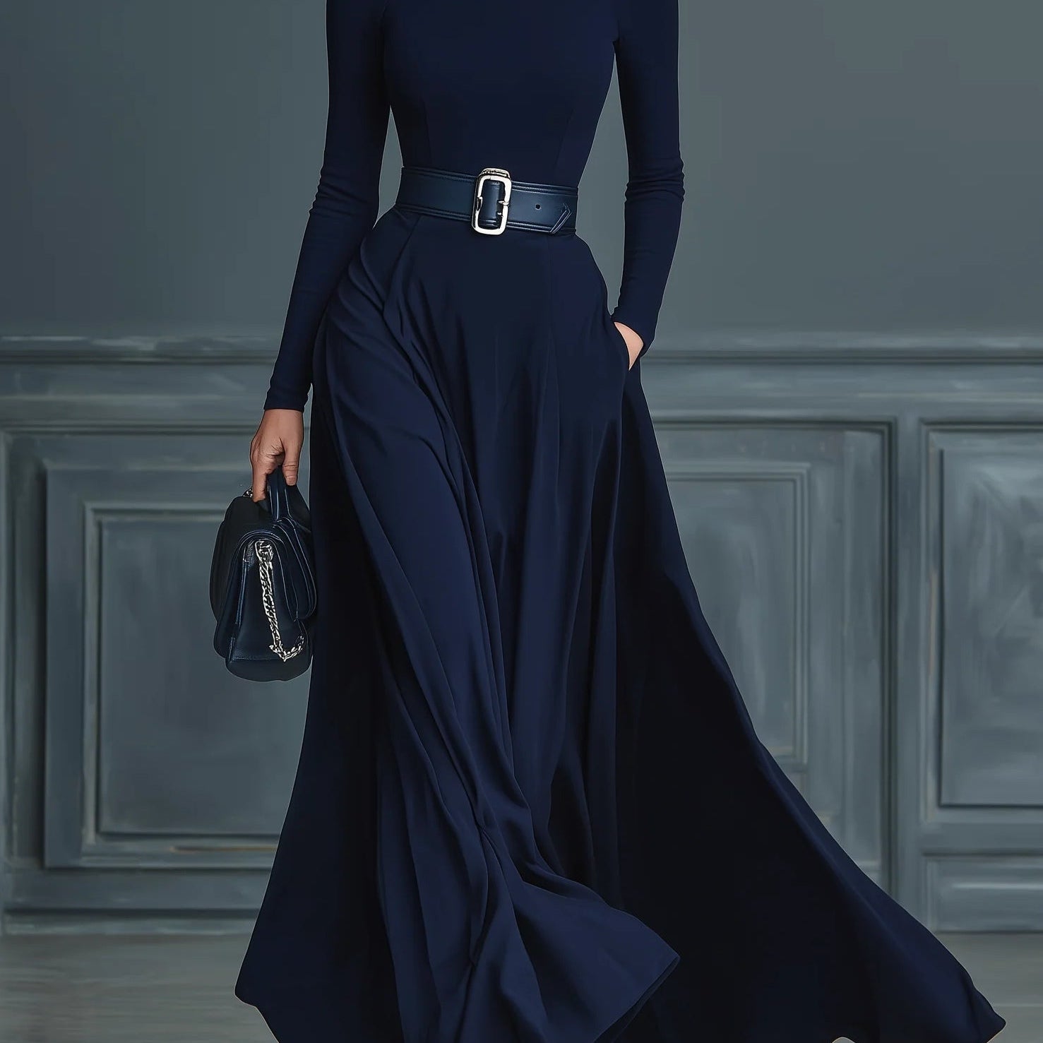 Tamno plave pletene haljine s visokim ovratnikom