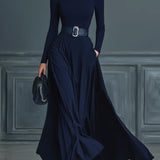 Tamno plave pletene haljine s visokim ovratnikom