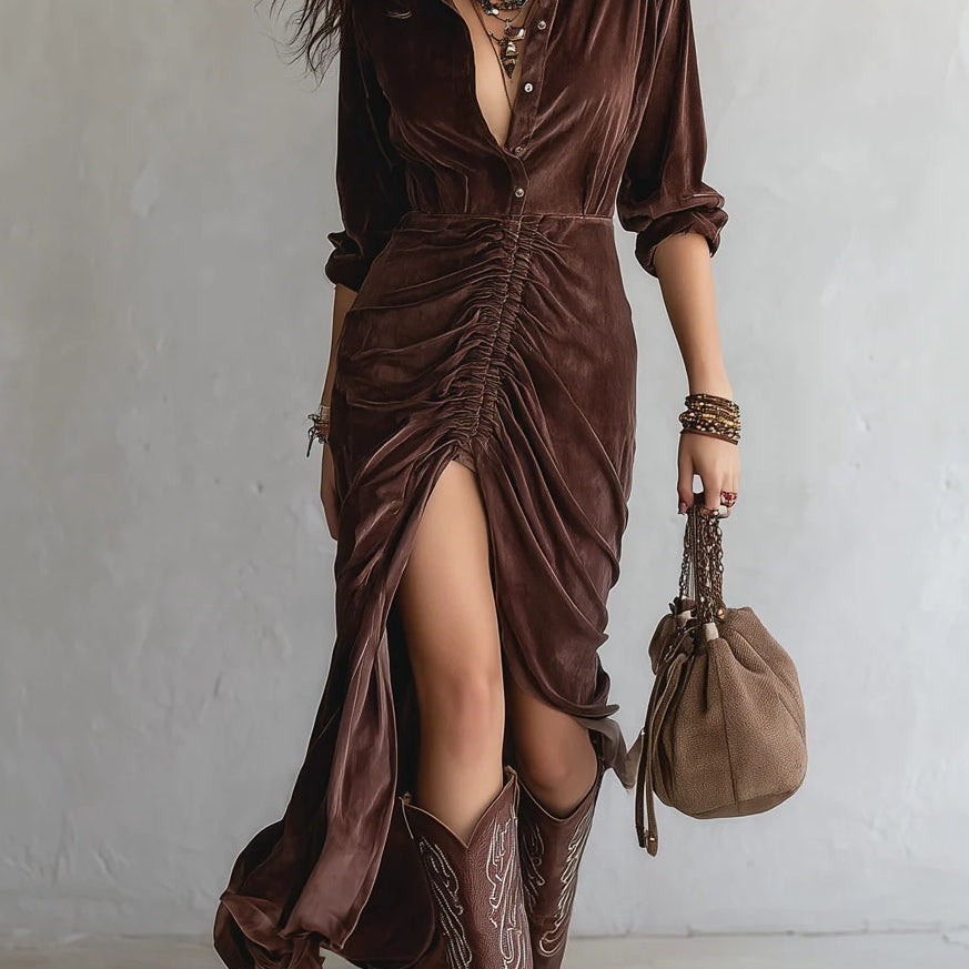 Vintage haljina od baršuna midi s gumbom