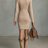 Bež midi haljina s cvjetnim ovratnikom i uskim krojem