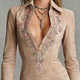 Bež midi haljina s cvjetnim ovratnikom i uskim krojem