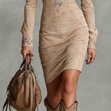 Bež midi haljina s cvjetnim ovratnikom i uskim krojem