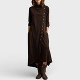 Tamno smeđa boho midi haljina s rolkom i bočnim dugmadi