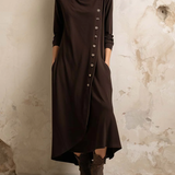 Tamno smeđa boho midi haljina s rolkom i bočnim dugmadi