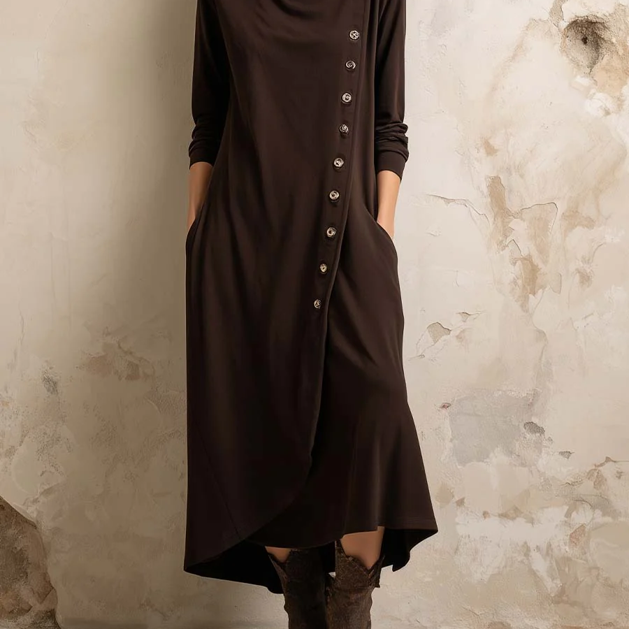 Tamno smeđa boho midi haljina s rolkom i bočnim dugmadi