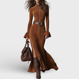 Vintage smeđe maxi haljine s zvonastim rukavima i patentnim zatvaračem