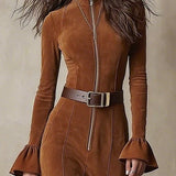 Vintage smeđe maxi haljine s zvonastim rukavima i patentnim zatvaračem