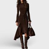 Elegantna tamnosmeđa suknja midi haljina s vezicom
