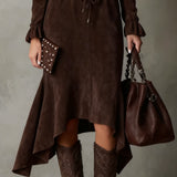 Elegantna tamnosmeđa suknja midi haljina s vezicom