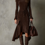 Elegantna tamnosmeđa suknja midi haljina s vezicom