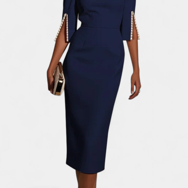 Vesna Midi Haljina s Bisernim Detaljima i Okruglim Izrezom