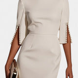 Vesna Midi Haljina s Bisernim Detaljima i Okruglim Izrezom