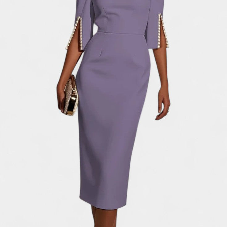 Vesna Midi Haljina s Bisernim Detaljima i Okruglim Izrezom