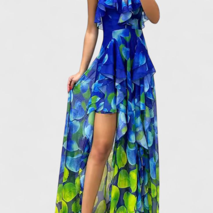 Zrinka Maxi Haljina bez Rukava s Volanima i Gradijent Otvorom