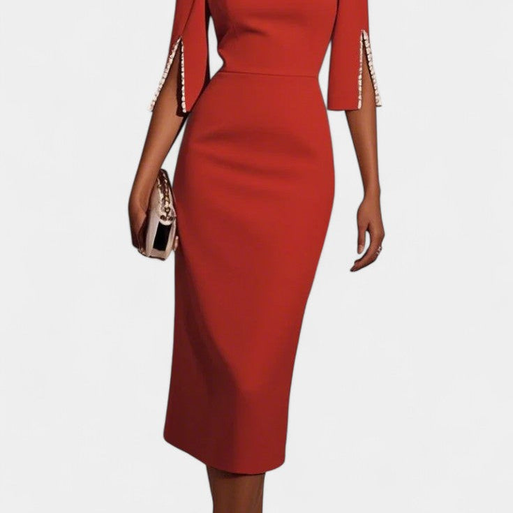 Vesna Midi Haljina s Bisernim Detaljima i Okruglim Izrezom