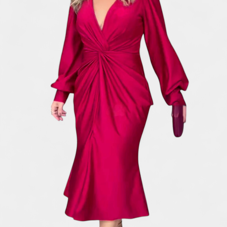 Lena Duga Haljina s Dugim Rukavima i V-Izrezom