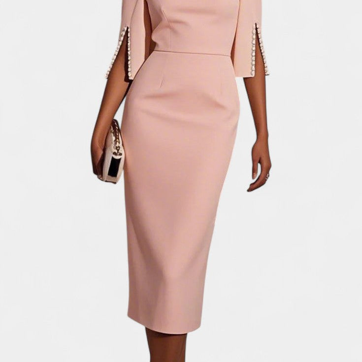 Vesna Midi Haljina s Bisernim Detaljima i Okruglim Izrezom