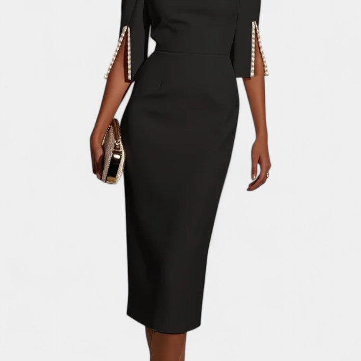 Vesna Midi Haljina s Bisernim Detaljima i Okruglim Izrezom