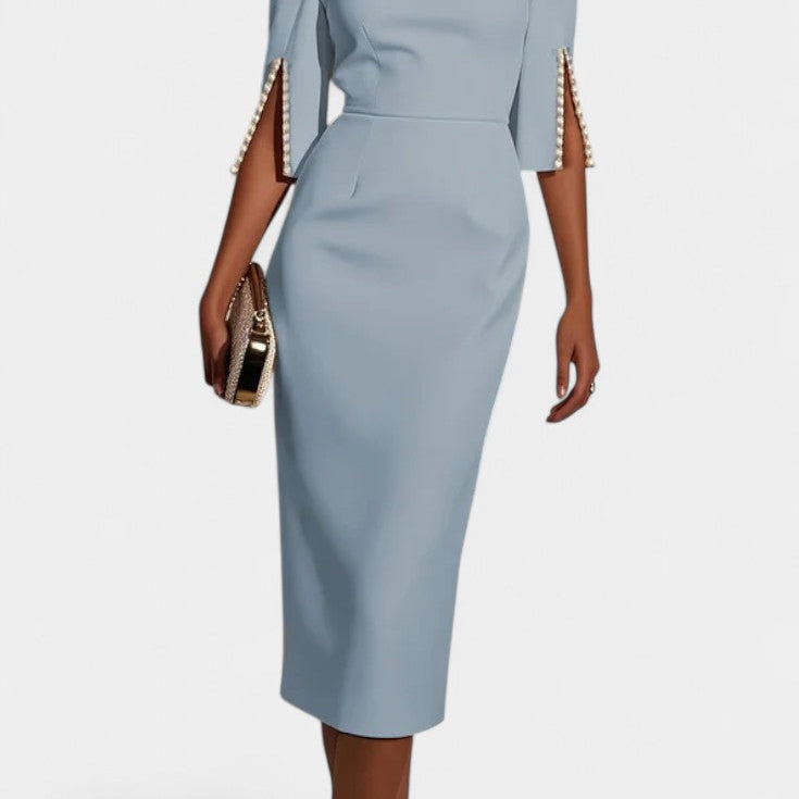 Vesna Midi Haljina s Bisernim Detaljima i Okruglim Izrezom