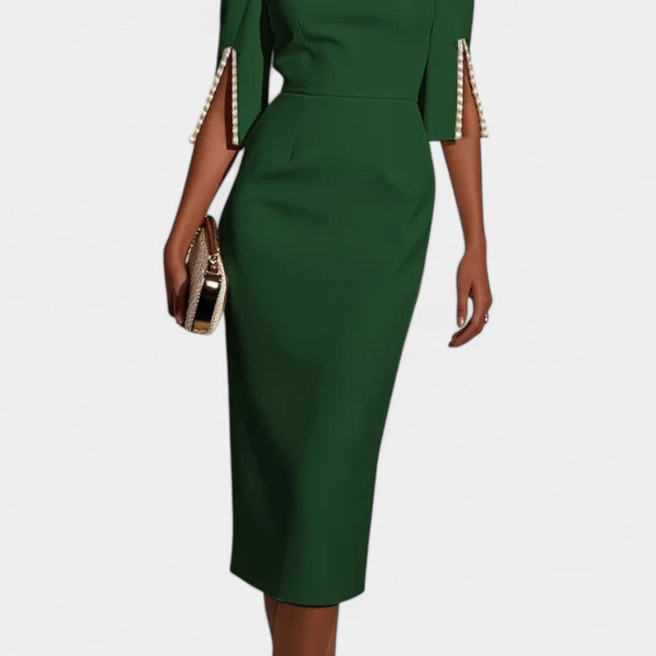 Vesna Midi Haljina s Bisernim Detaljima i Okruglim Izrezom