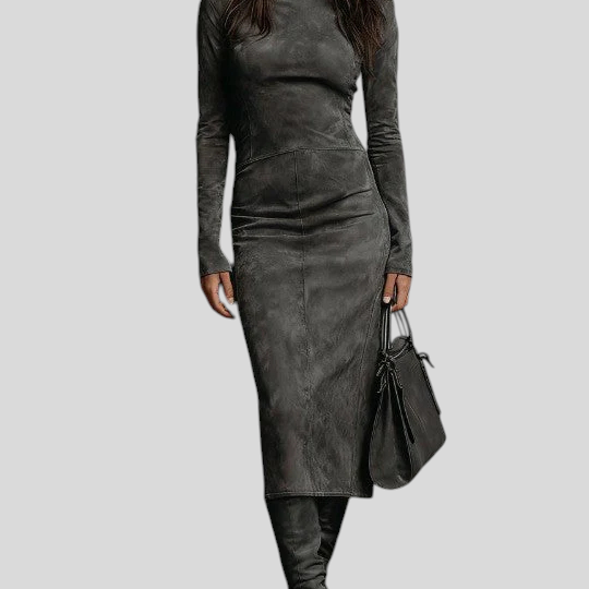 Ilaria – Midi Haljina Od Brušene Kože S Visokim Ovratnikom I Dugim Rukavima