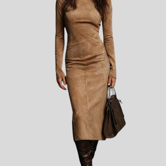 Ilaria – Midi Haljina Od Brušene Kože S Visokim Ovratnikom I Dugim Rukavima