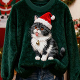 Gabriella - Ženska flanelska majica s kapuljačom i božićnim motivom mačke